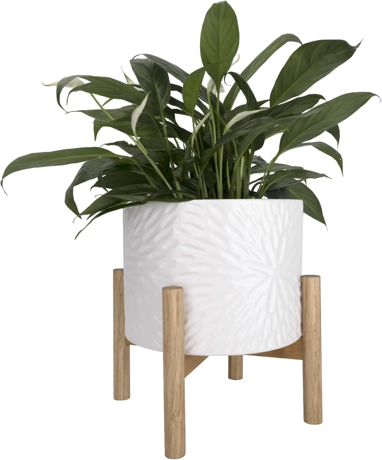 

White Planter with Stand,Mid Century Planters for Indoor Plants,Ceramic Plant Pot with Stand - 8 Inch Unique Modern Flower Pots