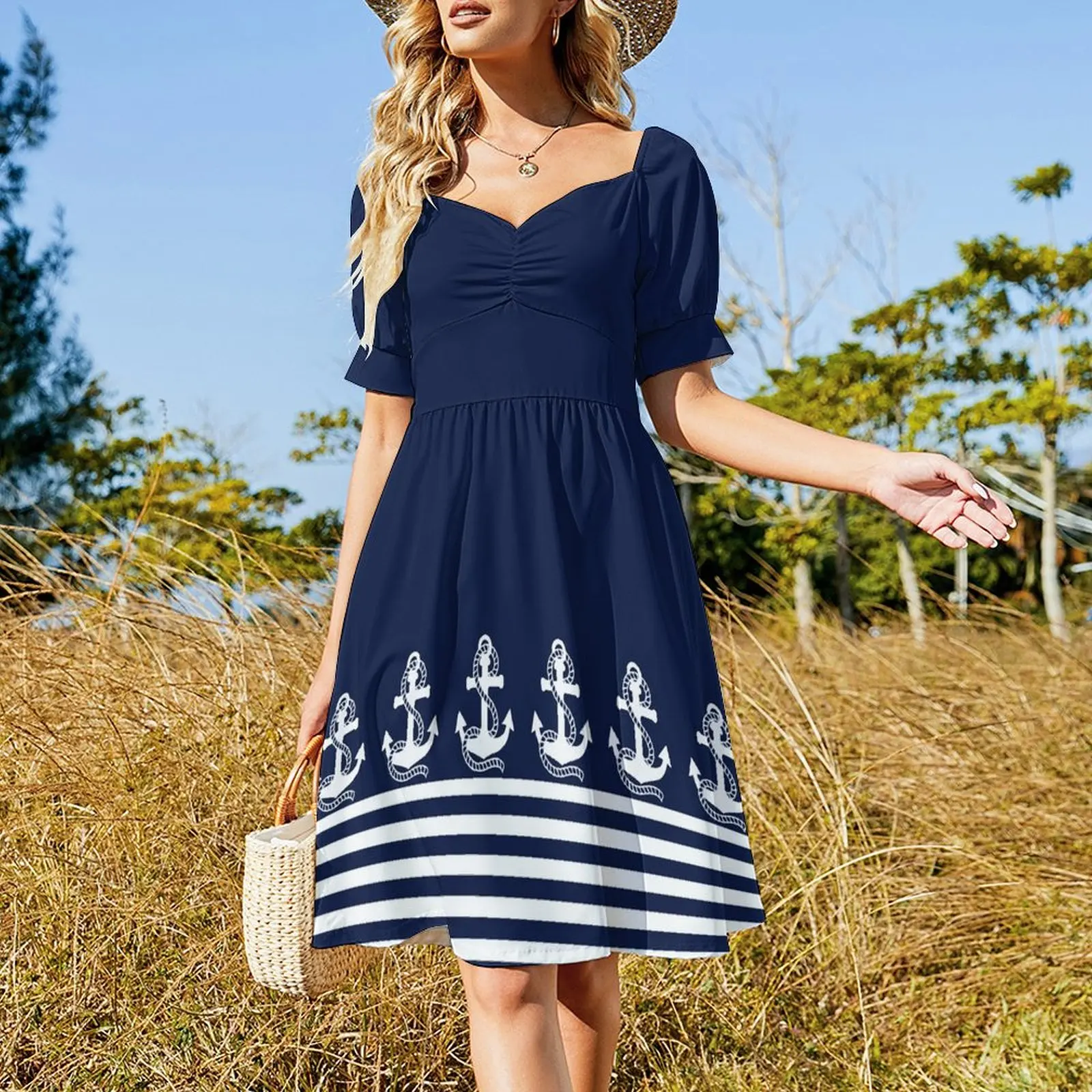 Nautical Navy Blue Stripes and White Anchor Short-Sleeved Dress loose women's dress chic and elegant evening dress