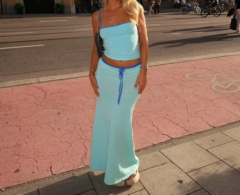 2025 Summer New Women's Fashion Solid Color Sleeveless Strap Top with Strapless Top High Waist Long Skirt Set