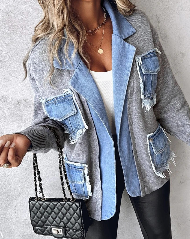 

Women's Cardigan Raw Hem Patchwork Open Front Notched Collar Top 2026 Spring Latest Casual Colorblock Long Sleeved Pocket Coat