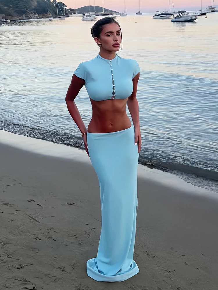 Weird Puss Elegantes 2-teiliges Set für Damen, einreihiges T-Shirt mit halbem Rollkragen + schlichter, langer Rock, Party-Chic-Urlaubskleidung – Detail 17