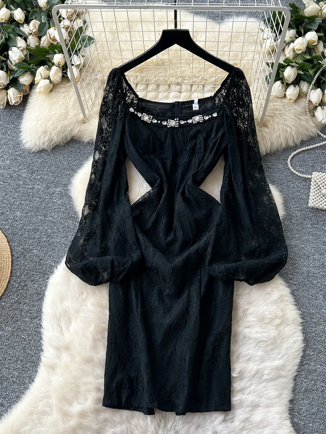 

Elegant High-Waisted Lace Dress with Lantern Sleeves And Square Collar Heavy Embroidery Minimalist Black Dress for Women