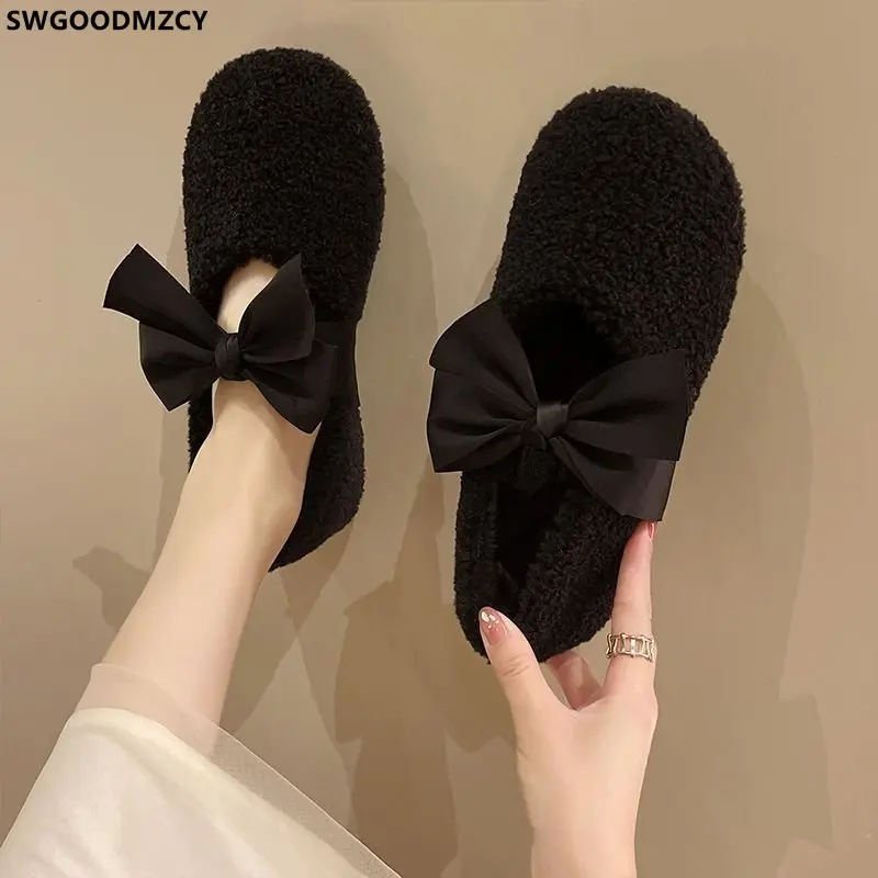 Loafers Women Butterfly Knot Fur Flat Shoes for Women 2024 Ladies Casual Shoes Slip on Shoes for Women Round Toe кроовки женские