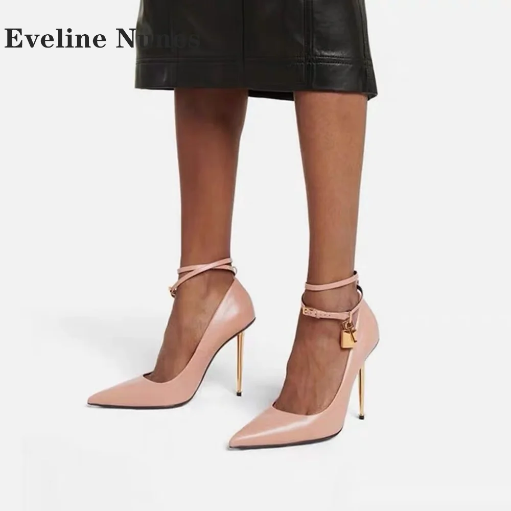 

Gold Padlock Metal Heel Sandals Pointed Toe Cover Heel Side Air Solid Women High Heels One Word Buckle Shallow Sexy Shoes Dress