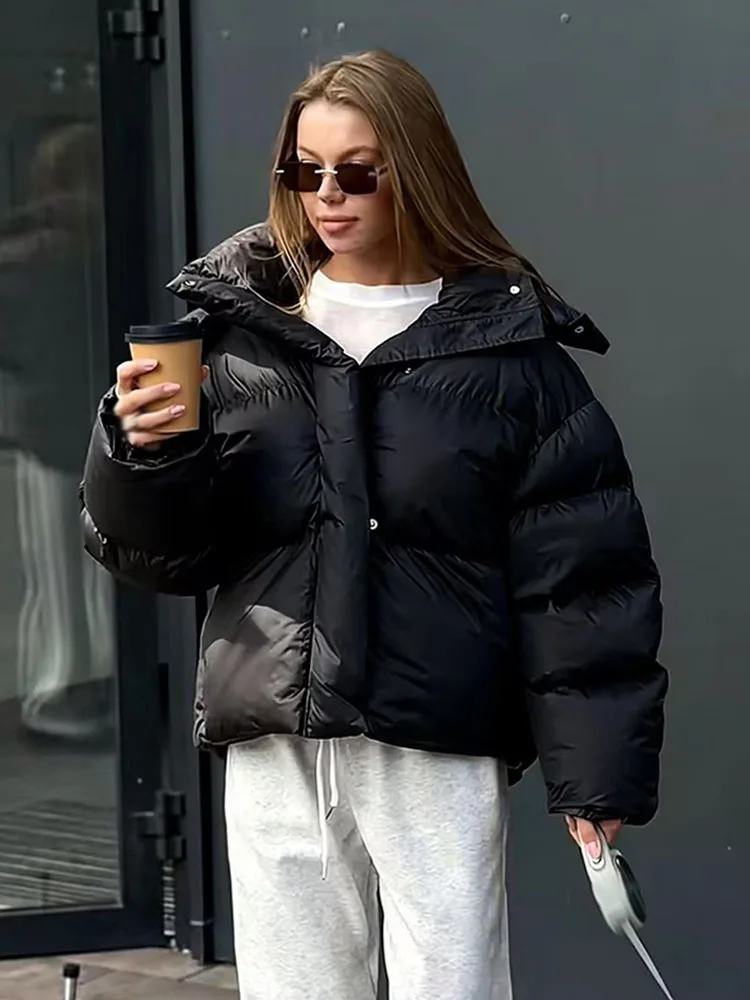 

HH Woman's Winter New Fashion Loose Coats Solid High Collar Hooded Long Sleeve Buttons Zipper Female Casual Warm Jackets 2 Color