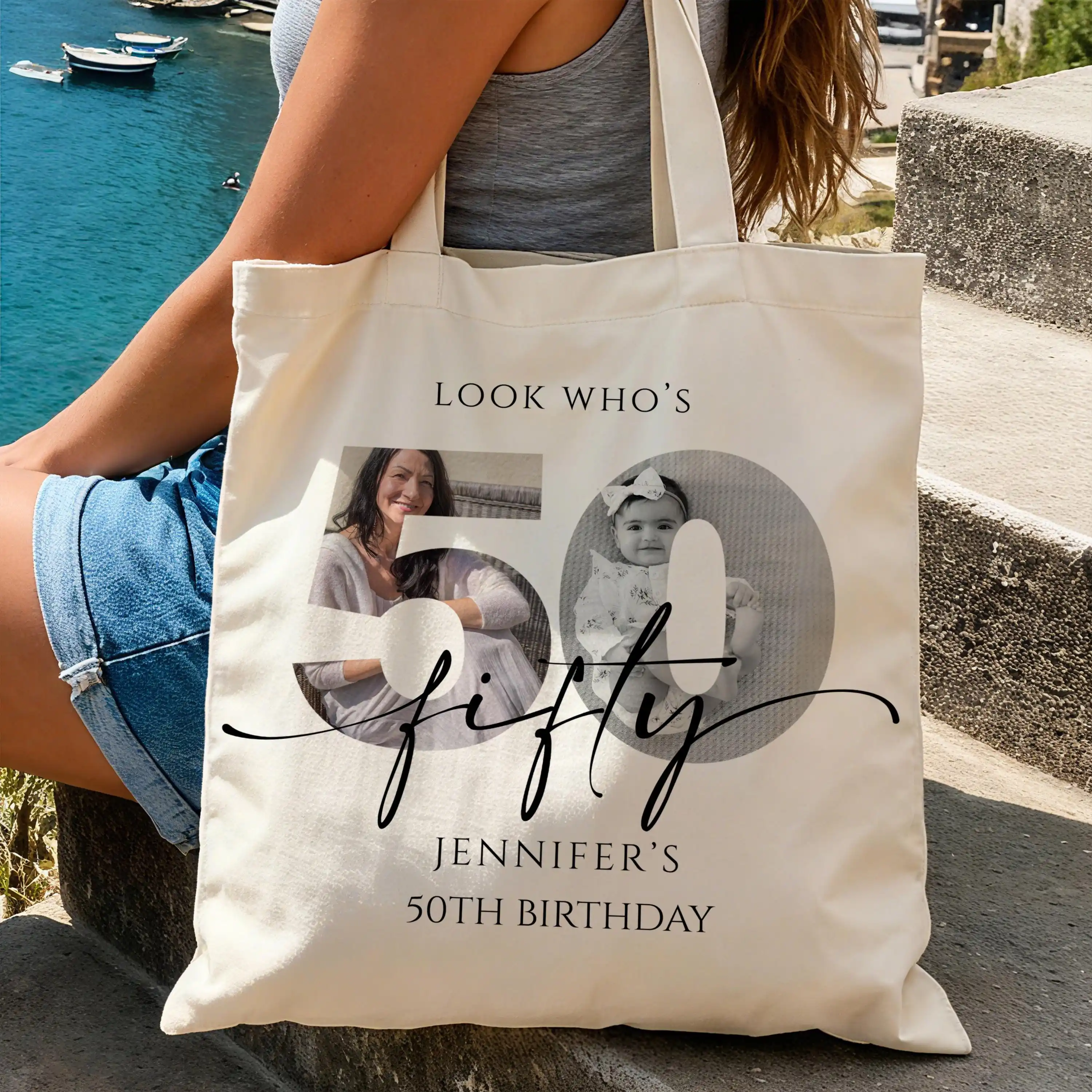 Custom 50th Birthday Canvas Tote Bags/Birthday Photo Bags Milestone Celebration Tote/Personalize Birthday 50th Party Favor