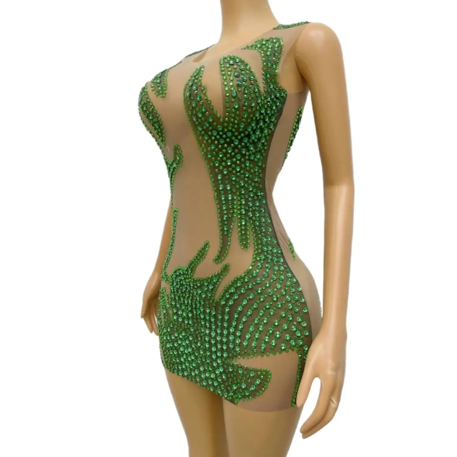 Vestido de cóctel para mujer africana, brillante, transparente, cuentas verdes, cristales, corto, fiesta de cumpleaños, 2024