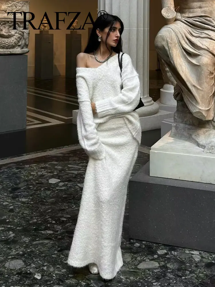 

TRAFZA Elegant Solid Knitted Suit Long Sleeves V-neck Pullover Top + Elastic Waist A-line Midi Skirt Fashion Women's Fashion Set