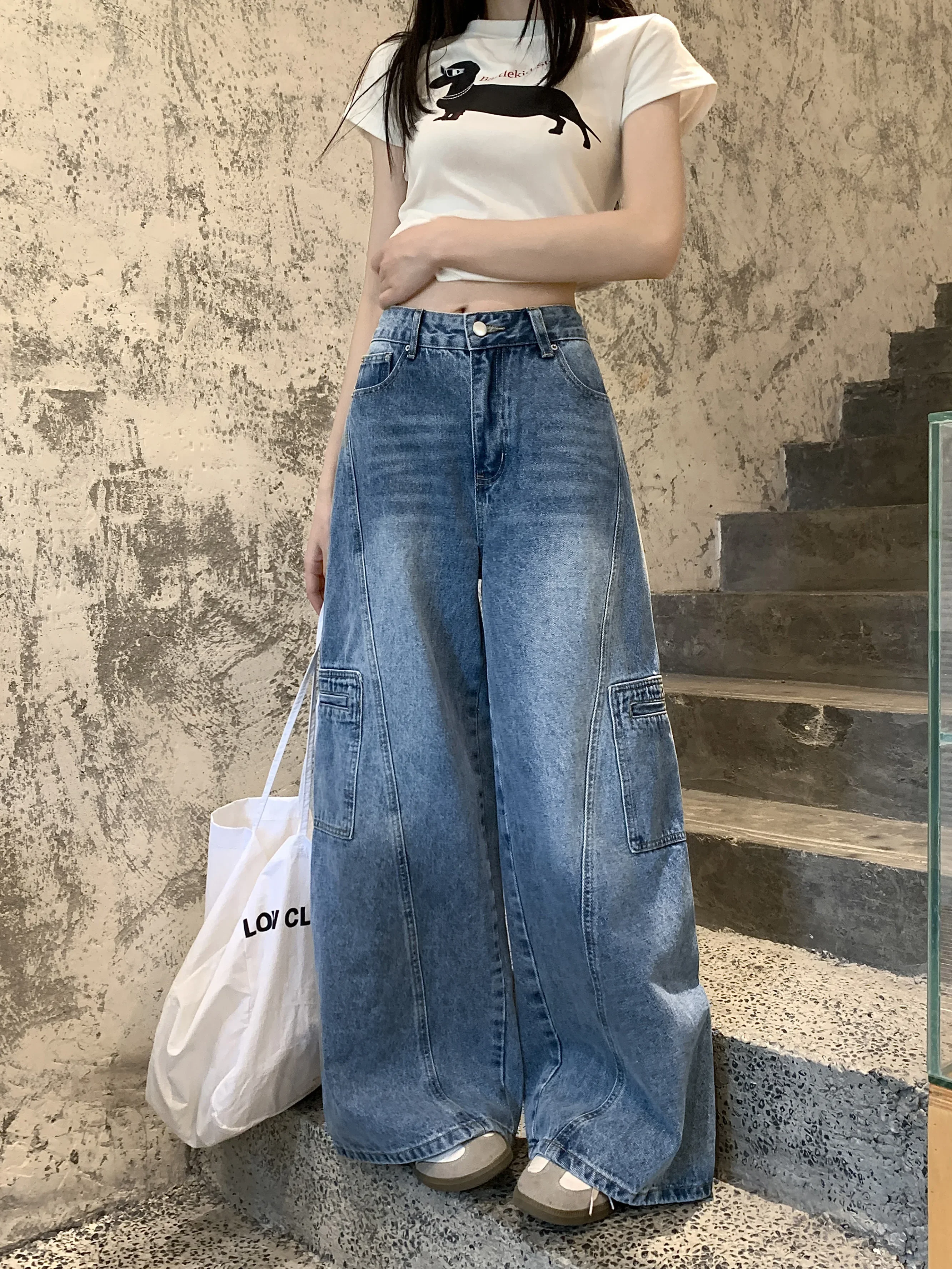 

Vintage Blue Multi Pocket High Waist Jeans women American Retro Hip Hop Loose Wide Leg Denim Pants Streetwear Baggy Trousers