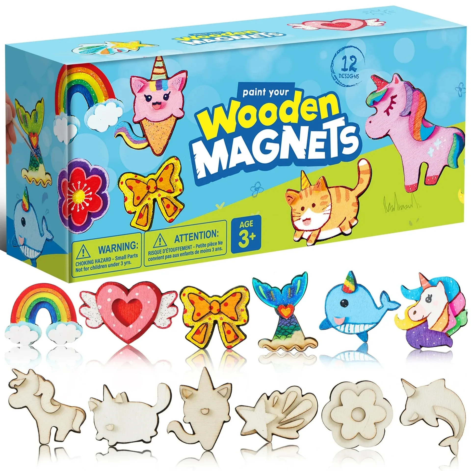 DIY Malen Sie Ihre Eigenen Holzmagneten Set Unfertige Holz-Kühlschrankmagneten Bastelset Kreative Kunstbedarf für Kinder Lehrreiches DIY-Spielzeug