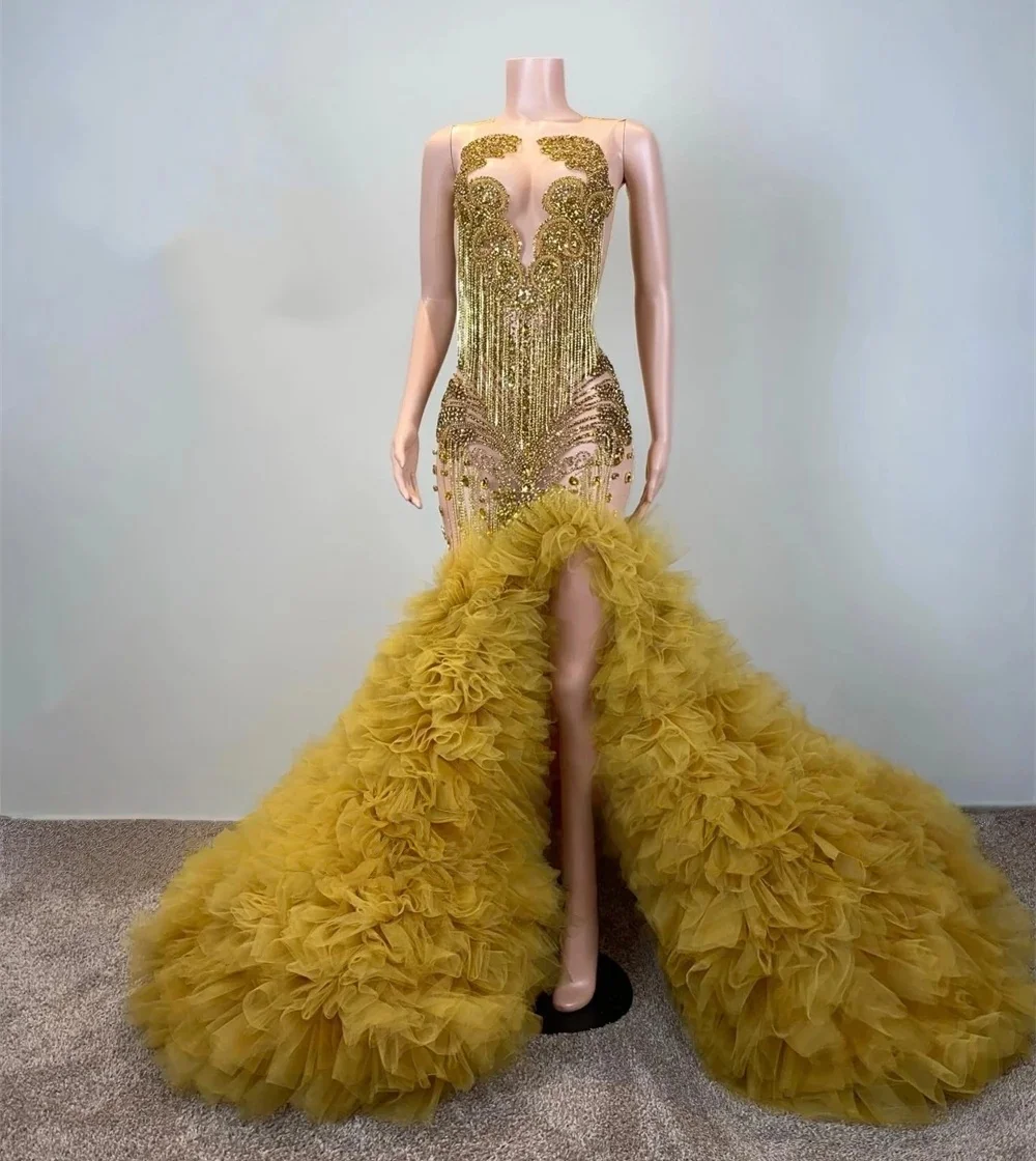 Gold African American Prom Dresses For Black Girls Mermaid Sheer Ruffles Beaded Slit Robe De Soiree Evening Gown Customized
