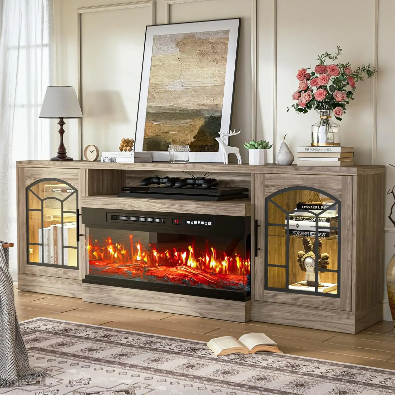 70'' Fireplace TV Stand Glass Media Console For TVs To 80'' Storage Drawers Cabinets LED Flame Lights Living Room, Customized
