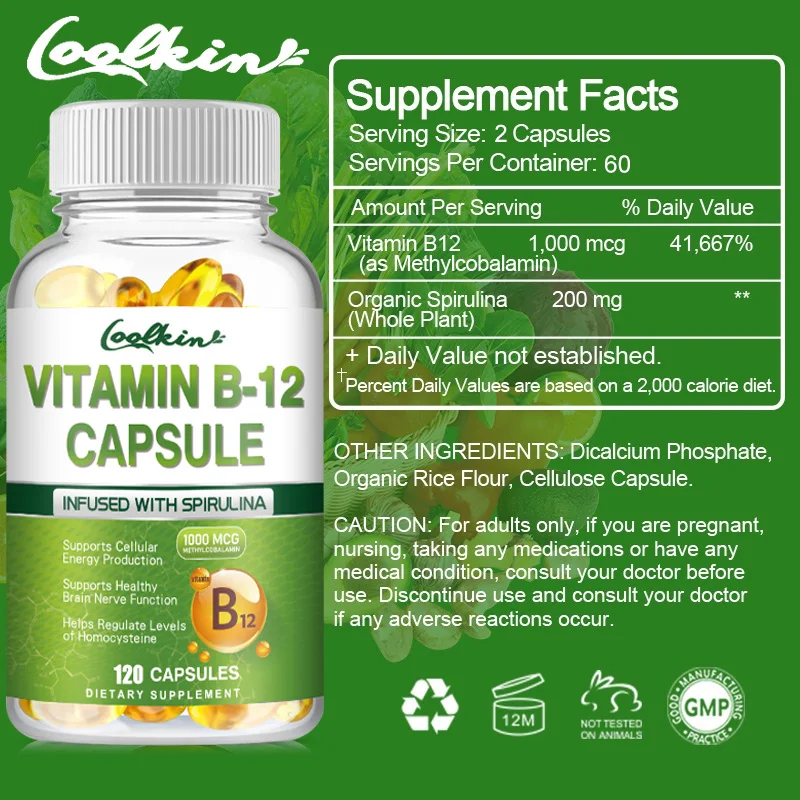 Vitamin B12 Capsules - Benefits Brain & Heart Function, Supports Memory, Learning, Helps Boost Natural Energy