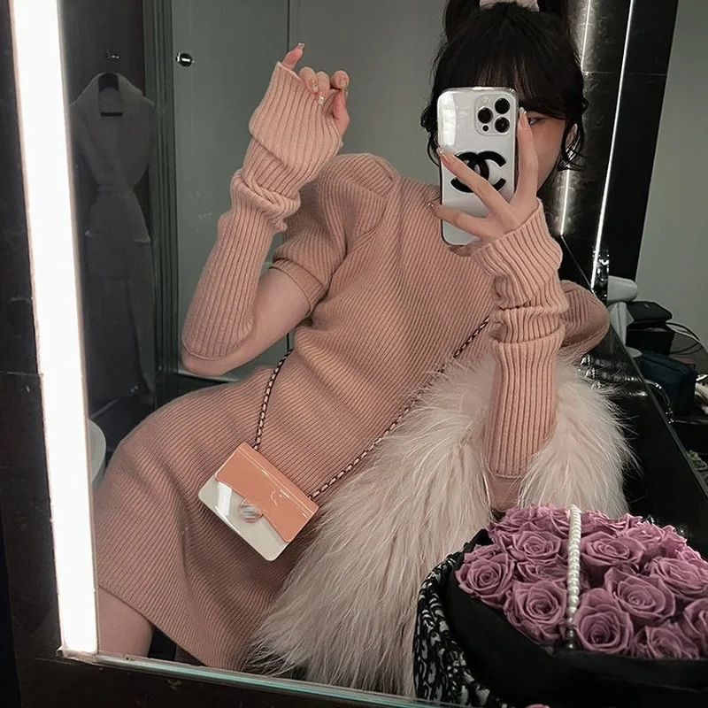 Puff Sleeve Dress Women Solid Knitting Stretchy Skinny Cozy Sweet College Half High Collar Vacation Female Vestidos Sexy Girls