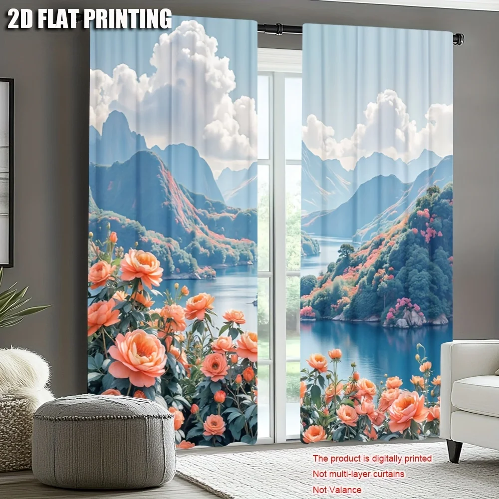 2D Flat, 2pcs Red Floral Landscape Blackout Curtains - 100% Polyester Privacy Sheer Drapes with Rod Pocket, Machine Washable for