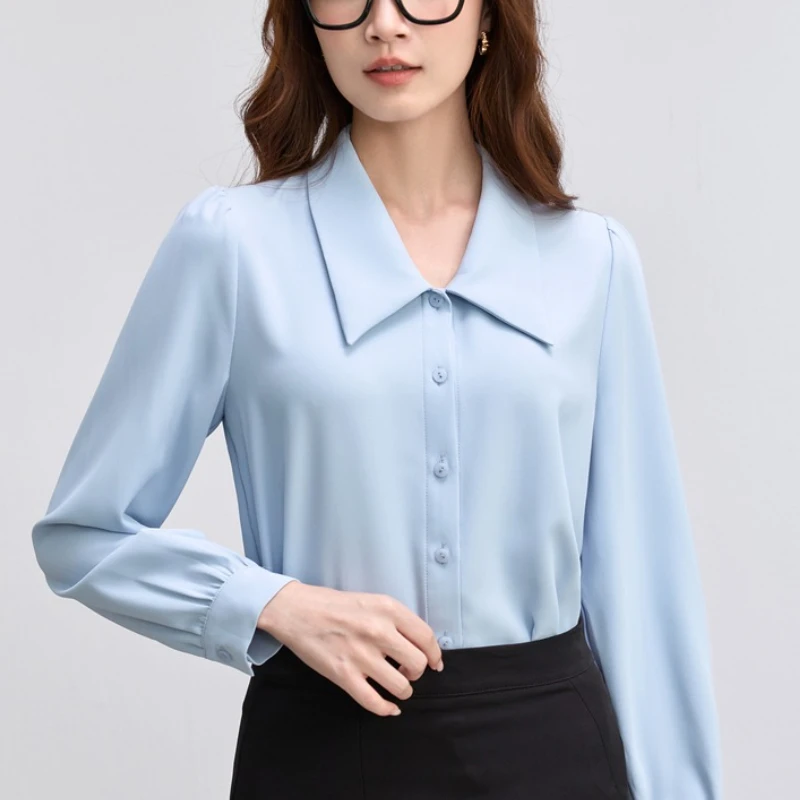 2025 moda feminina manga longa simples sólido topos primavera outono casual chiffon camisa feminina senhora do escritório blusa elegante
