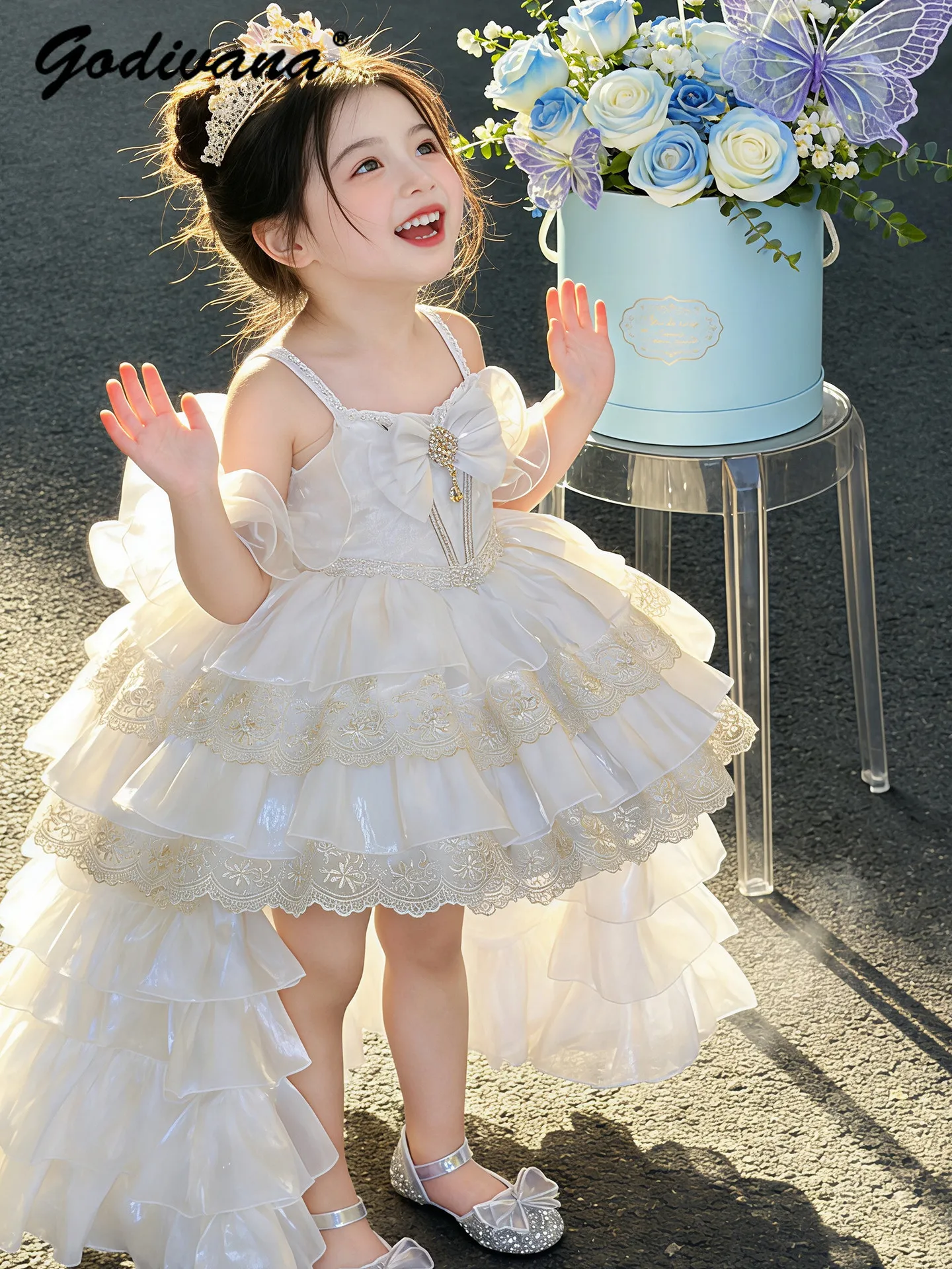 Baby Girls High End White Princess Lolita Slip Dress Kids Heavy Lace Embroidery Long Train Bow High Waist Birthday Party Gown