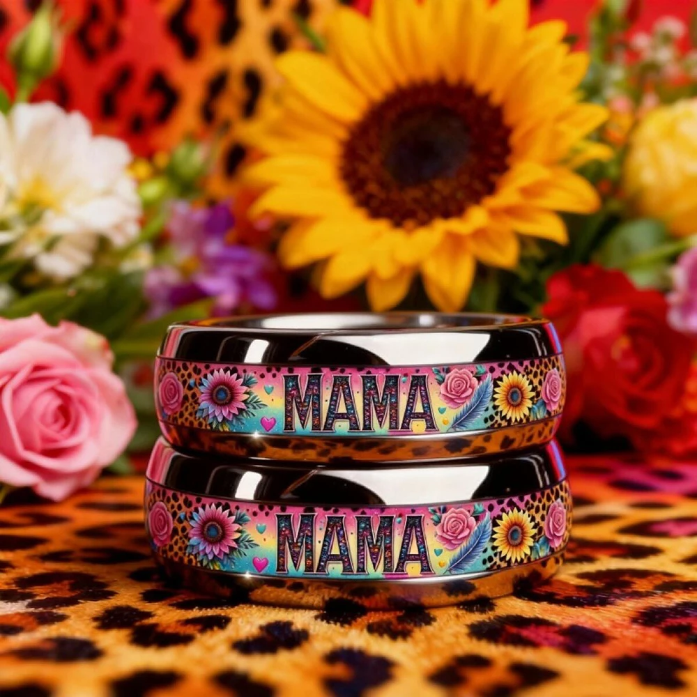 Fashion MAMA Themed Stainless Steel Ring with Sunflower And Rose Pattern Inlay Rings For Mom Women Jewelry Mother's Day Gifts