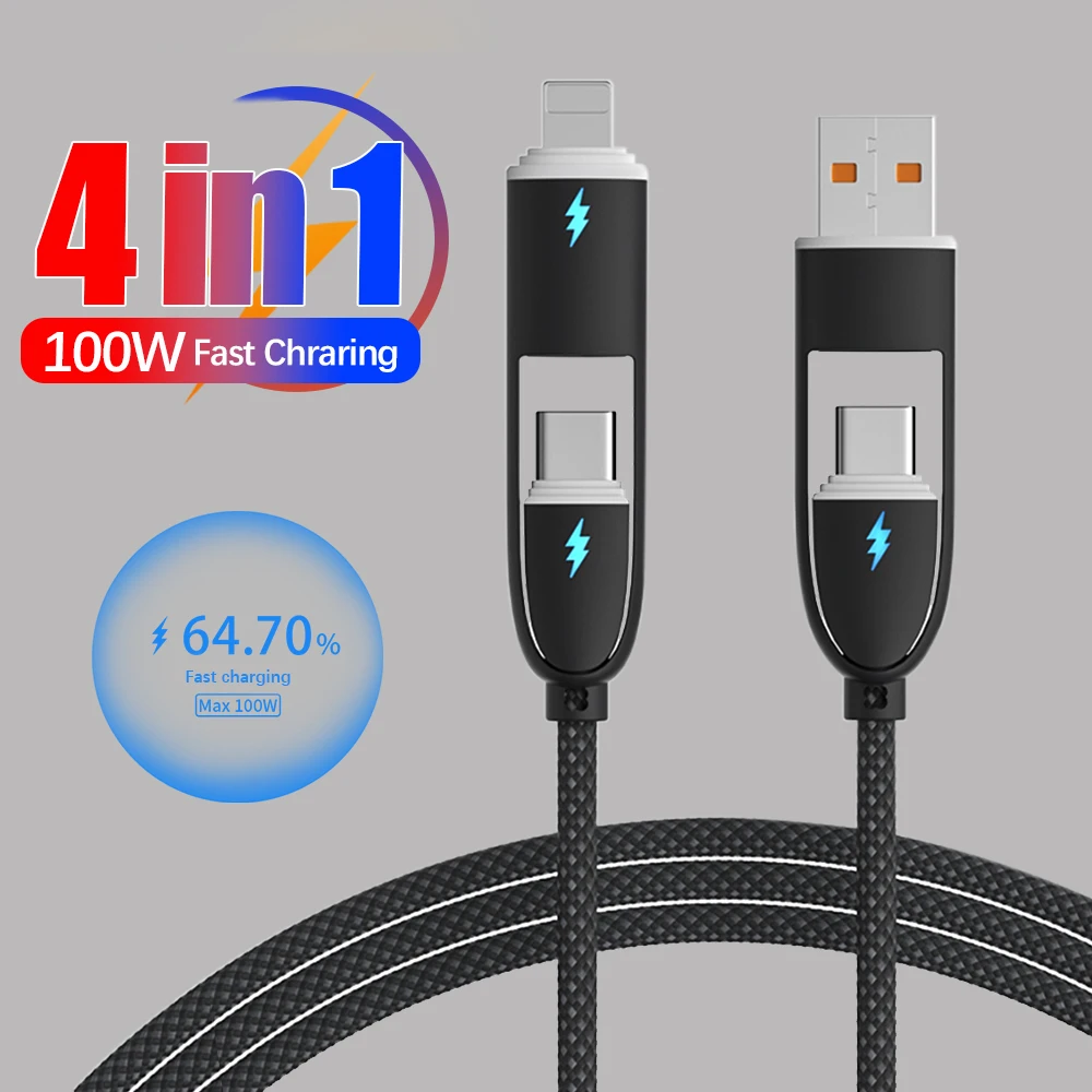 

4-in-1 Multi-Port Fast Charging Cloth Braided Data Cable For iPhone 16 15 13 12 Pro Max Samsung Xiaomi Huawei
