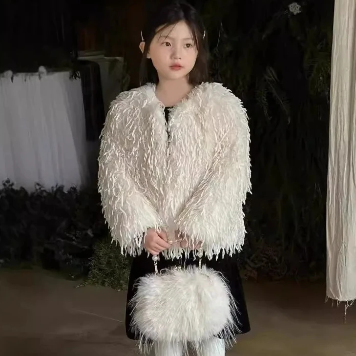 

Girls Coat 2025 Spring New Childrens Clothing Korean Style Baby Girls Fashion Warm Feather Fur Casual Simple and Daily