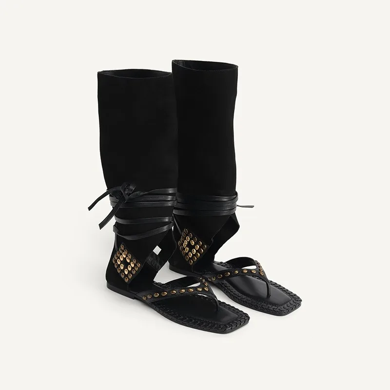 

Banyiyou 2025 Autumn Flat with Gladiator Sandals Women New Lace-up Retro Riveted Roman Sandal Women's Bohemian Flats Cool Boots