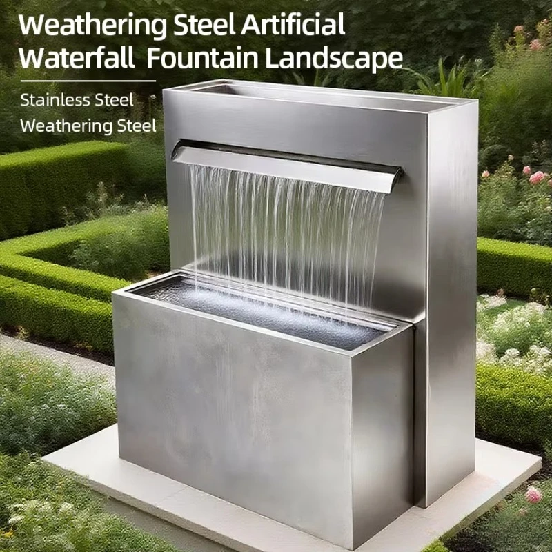 Two Tier Rectangular Metal Waterfall Unit Horizontal Top Outflow Spout Outdoor Garden Fixed Landscape Decor Craft