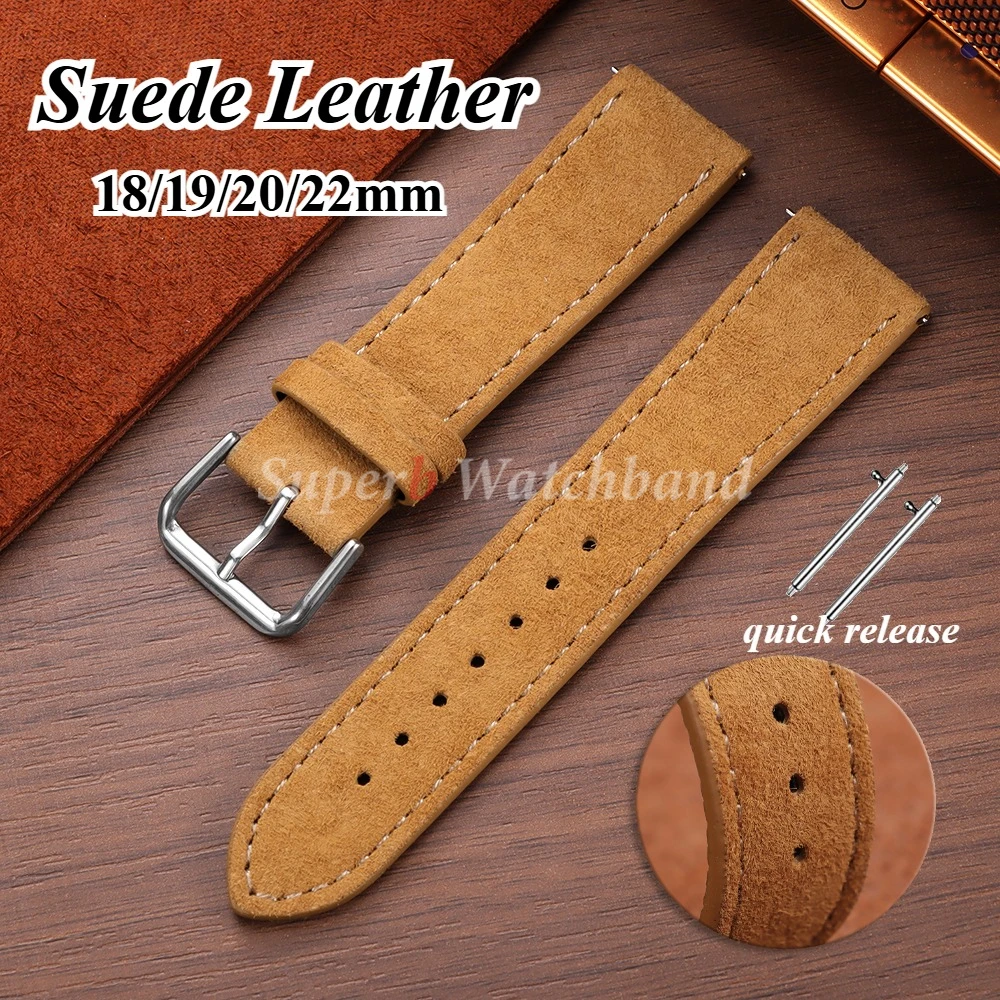 Vintage Suede Leather Watch Strap 18mm 19mm 20mm 22mm for Seiko Handmade Stitching Bracelet for Huawei GT4/3 Quick Release