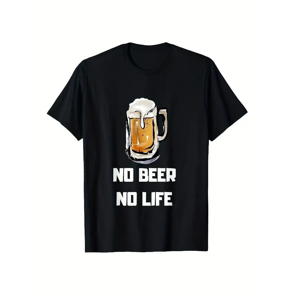 NO BEER NO LIFE Men's Humor Graphic T-Shirt Beer Mug Design Short Sleeve Regular Fit Cotton Machine Washable Gift Casual Wear