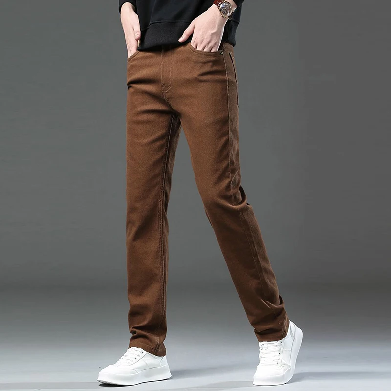 남성 스마트 캐주얼 미드라이즈 슬림핏 청바지 남성 루즈 스트레이트 탄력성 데님 팬츠 데일리 하이엔드 패션 클레이-옐로우 바지