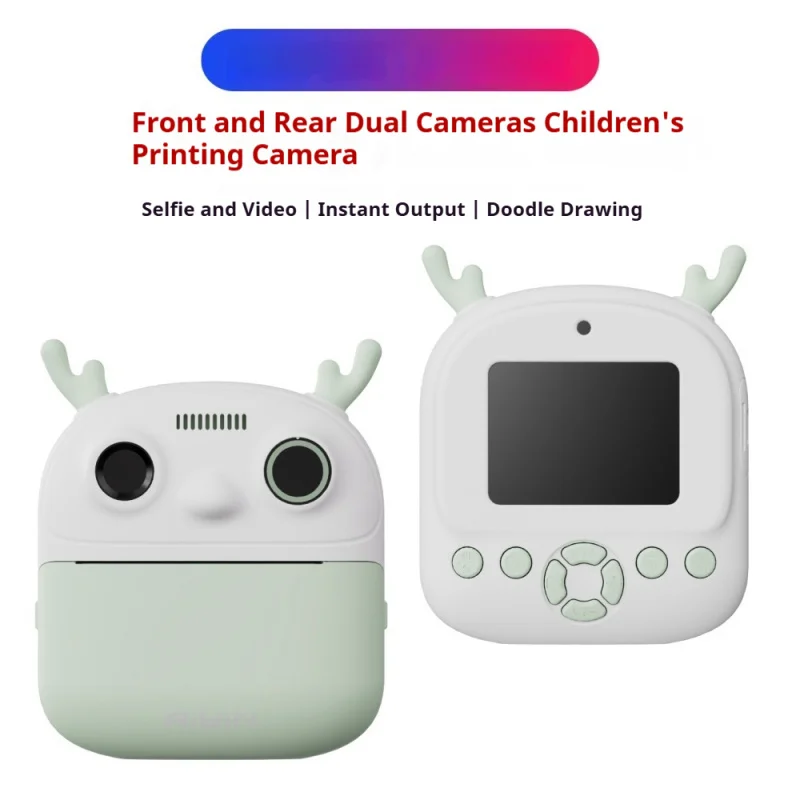 Kids Instant Thermal Photo Printer Camera Dual Lens, Multi-Language Supported