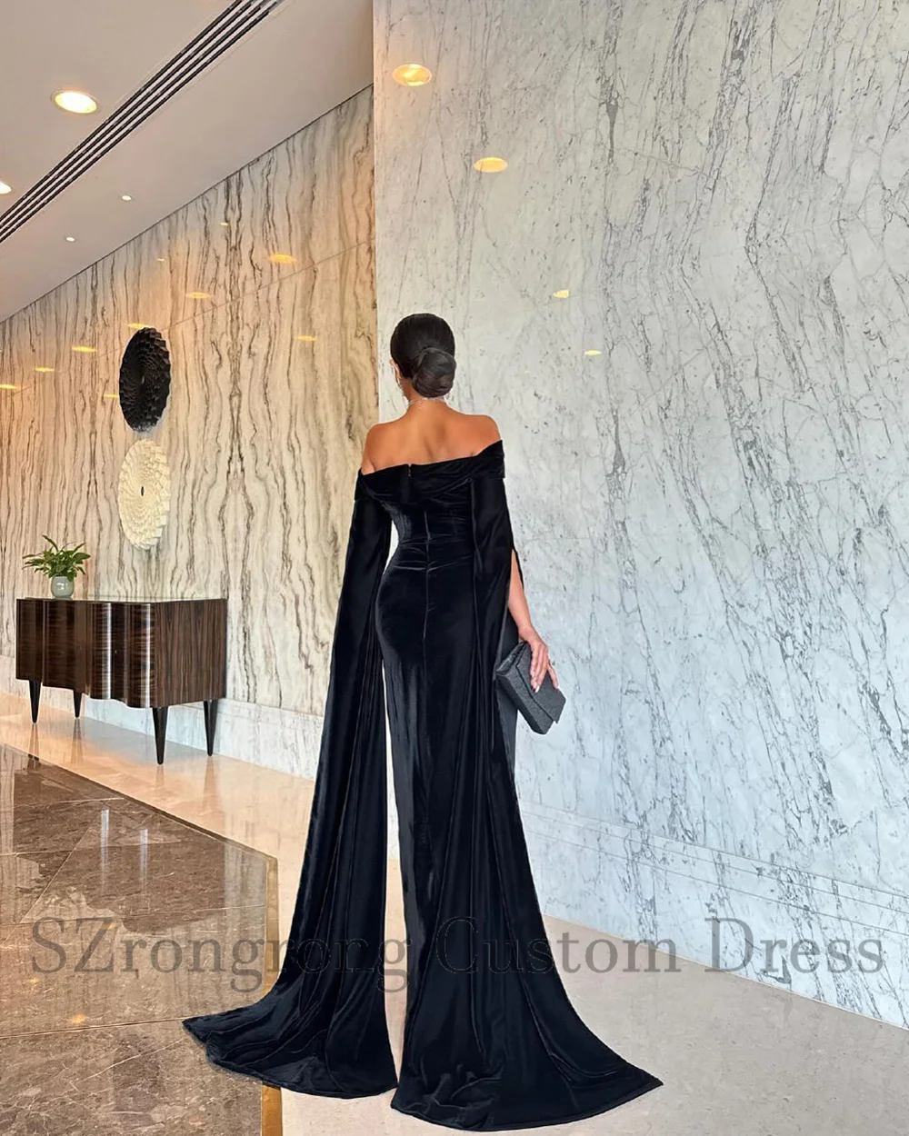 Suknia wieczorowa ślubna na zamówienie, nowoczesna, z kołnierzem łódkowym, aksamitna, dopasowana, seksowna, do ziemi, klasyczna suknia na studniówkę z peleryną, vestido de
