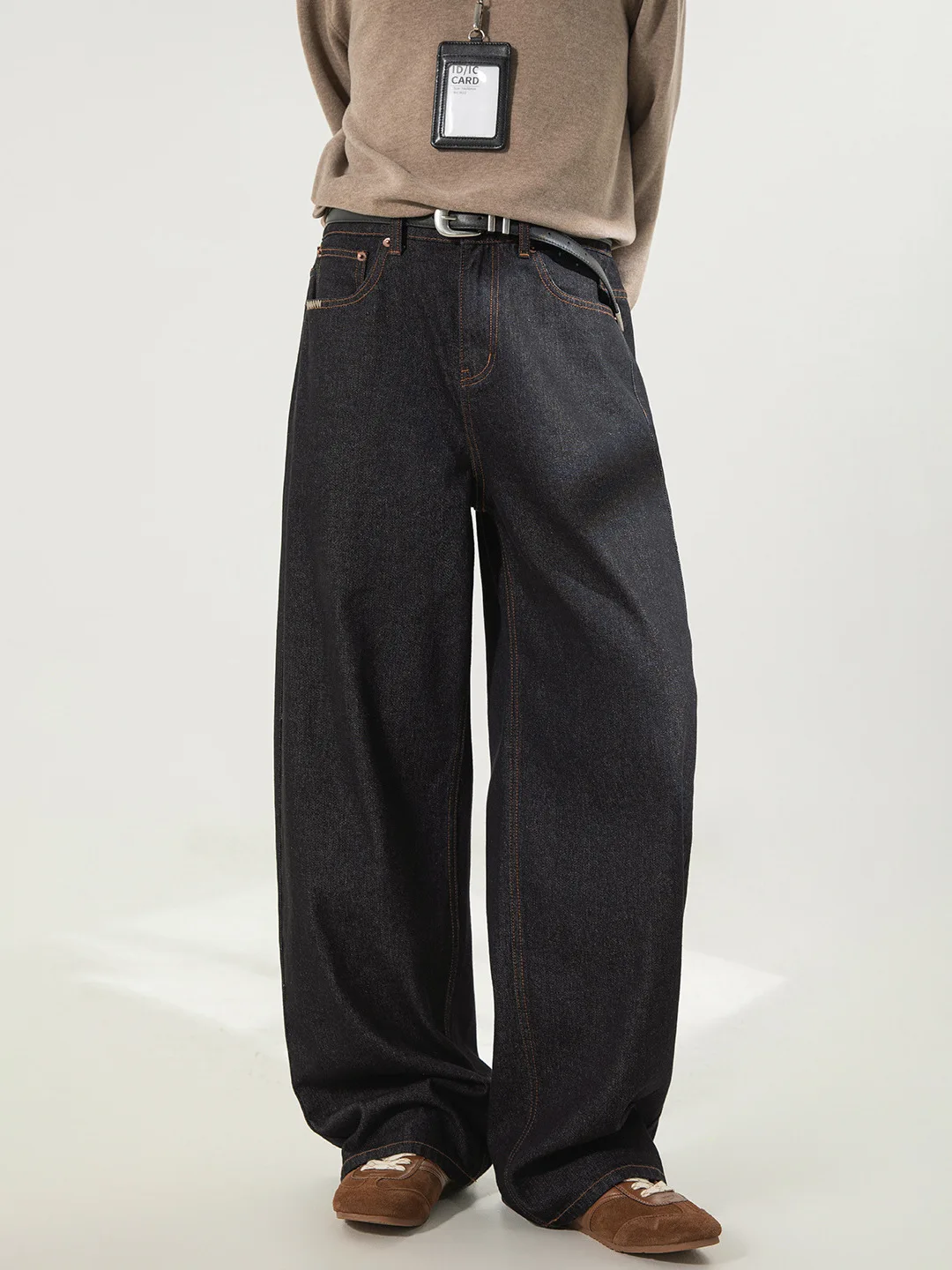 

Retro American Bla Jeans Men's Spring Loose Casual Straight Leg Pants Contrast Color Pred Line Texture Long Trousers