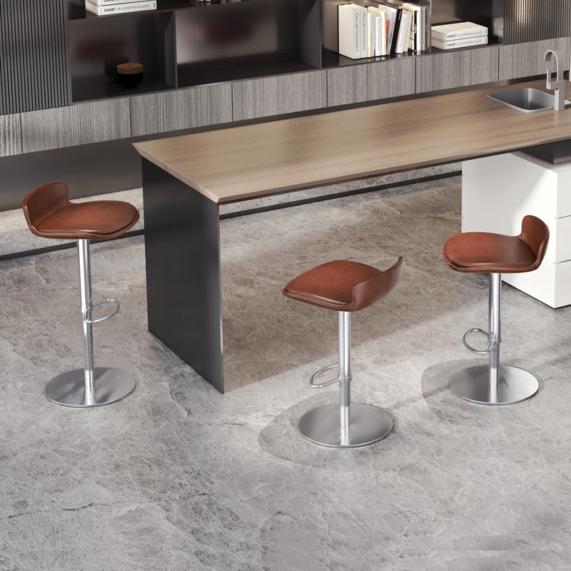 

Leather bar chair Modern simple luxury household elevatable cowhide stainless steel high chair Bar stool island table chair