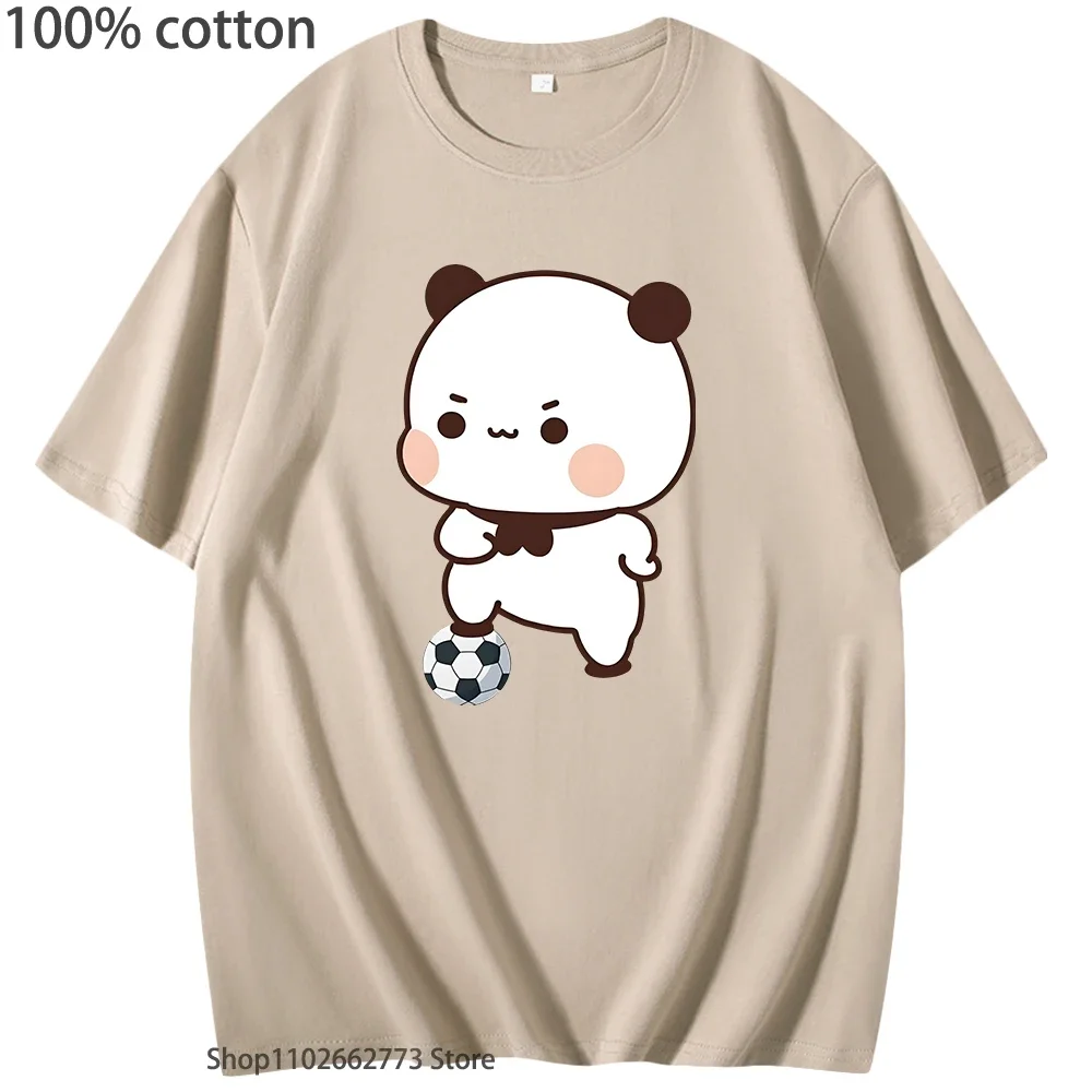 Urocze koszulki z Bubu grającego w piłkę nożną, kawaii, urocze koszulki z grafiką pandy, damskie koszulki, męskie koszulki, 100% bawełna, letnie, codzienne topy.