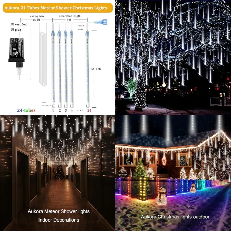 Christmas Lights Outdoor, UL Plug 24 Tubes 576 LEDs Meteor Shower Light, Tandemable Icicle Snow Falling Rain Light for Xmas Tre