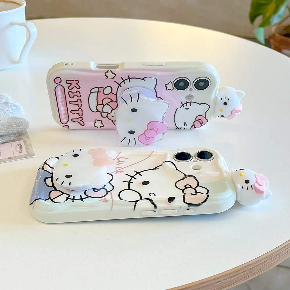 Pink Kitty Head Toy Grip Tok Holder Wave Soft Phone Case for OPPO A40 A60 A3X A15 A16 A17 A18 A54 A74 A94 A57 A77S A38 A58 A78