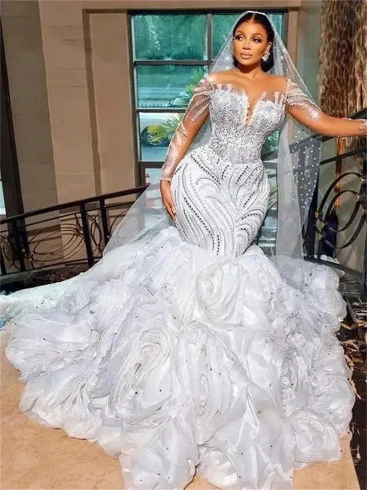 

Exquisite Sweetheart Wedding Dress with Long Sleeves Lace up Back Sequins Princess Ball Gown for Church Bride Arabic Bridal Gown
