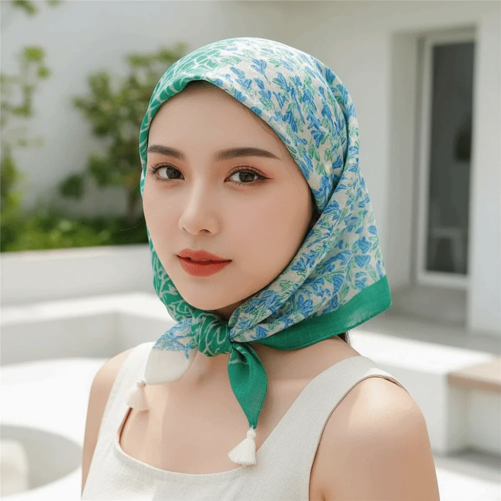 Neck Wrap Cotton-Linen Square Scarf Fringed 60x60cm Hair Bandana Breathable Soft Texture Floral Kerchief Hair-Styling