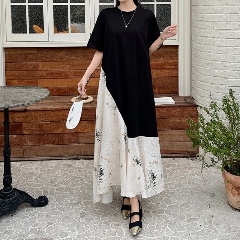 Plus Size Women's Summer Dress 2025 Korea Style Loose Jacquard Satin Long Dress Robe Short Sleeve Elegant Elbise Midi Dress