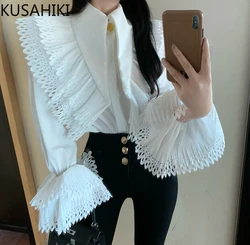 KUSAHIKI Korean Niche Flared Sleeves Turn-down Collar Shirt Fashion Women Slim Elegant Blouse Tops 2024 Spring New Tops Camisas