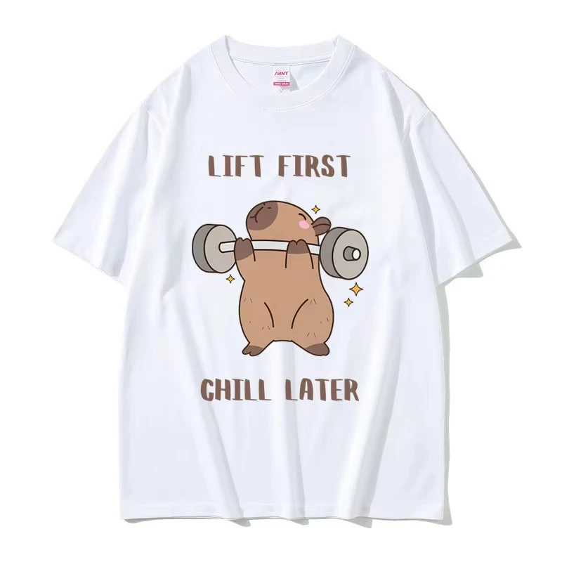 Lift First Chill Later Capybara Funny Meme T-shirt Men Casual Oversized Geek Fitness T Shirt Men's Workout Bodybuilding T-shirts