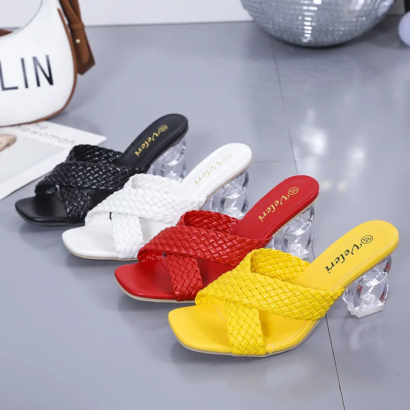 Women Transparent Fish Mouth High Heeled Sandals Summer New Woven Women Yellow Open Toe Heterosexual High Heeled Sandals