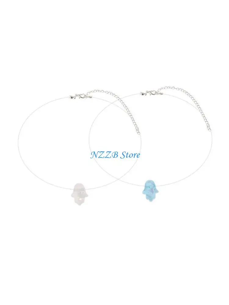 

T21F Eye-catching Clavicle Chain Shiny Invisible Hamsa Hand Opals Pendant Necklace Jewelry Decor Clear Fishing Line Choker