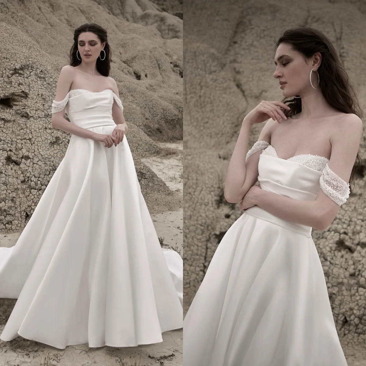 

Elegant Satin Wedding Dress Off The Shoulder A Line Vestidos De Novia Beading Boho Bridal Gowns Customized