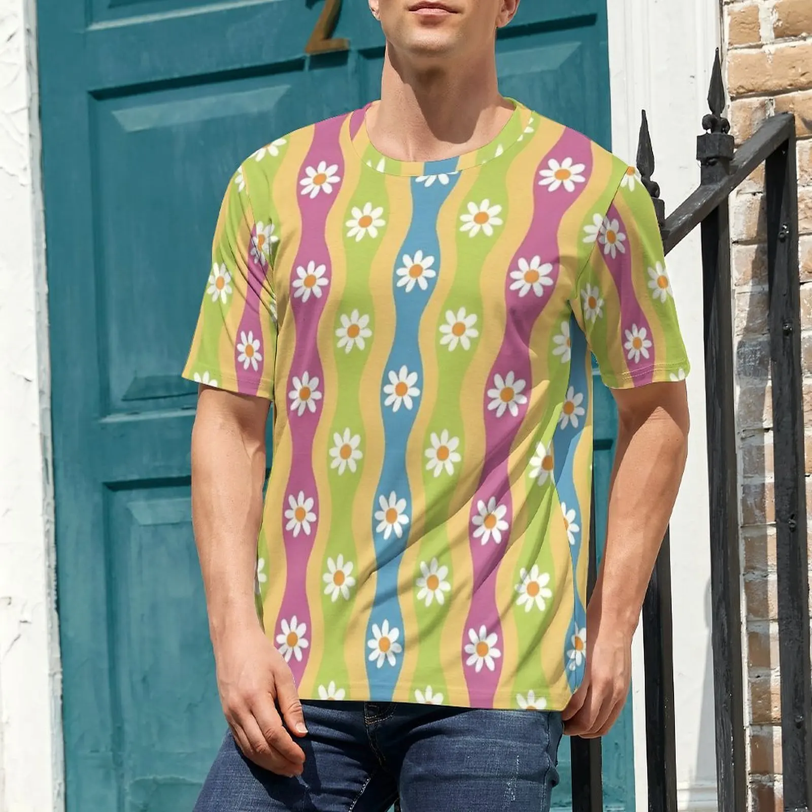 Oversized T Shirt Summer Wavy Stripe Daisy Groovy Flower T-Shirts  Classic O-Neck Tshirt Male Vintage Design Tees