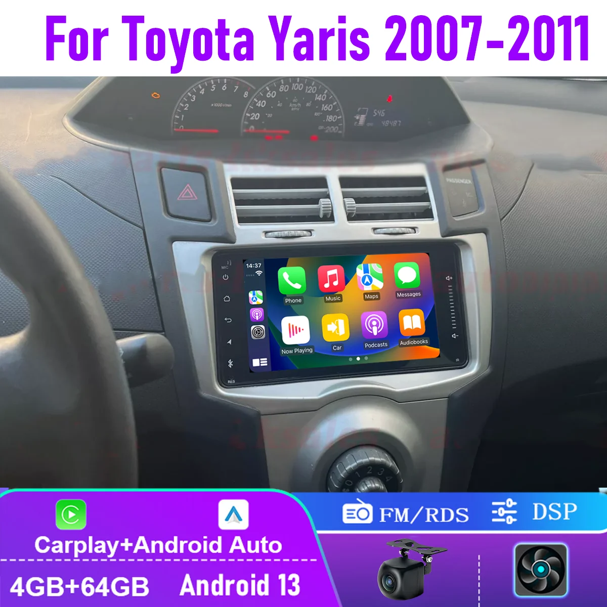 

4 + 64 ГБ для Toyota Yaris 2007-2011 Double Din Apple Carplay Android 13 Беспроводная автомобильная стереосистема Радио головное устройство FM Wi-Fi