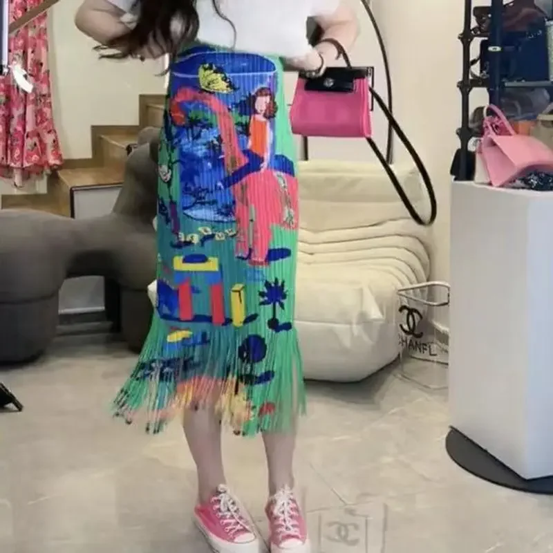 

Folded Midi Skirt for Summer, Thin Slimming, Elastic Waistband, Printed Design Hip Hugging, Straight Tube, Slit Pleated Skirt