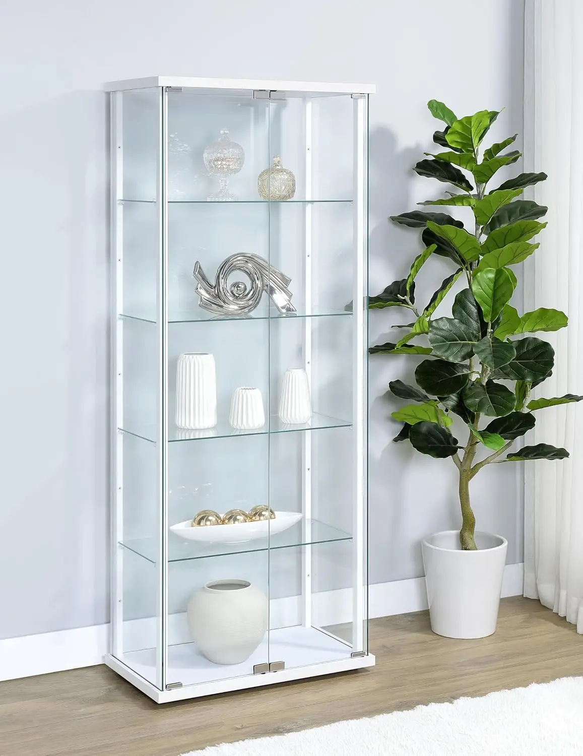 4-Shelf Glass Curio Cabinet with Wood Top & Base, Two Doors, Chrome Hardware, Living Room Display, 64-Inch, White, Customized
