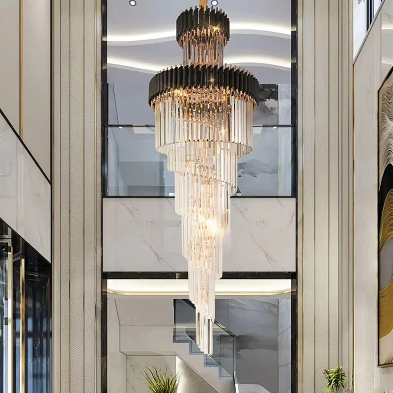 

Large Top Long Crystal Led Chandeliers Hotel Hall Living Room Luxury Multi-layer Staircase Lighting Black Stainless Steel Light