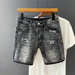 Trendy Streetwear Ripped Luxury Clothing Men's Casual Denim Knee Length Shorts Summer Solid Distressed Jeans Summer Short Pants
